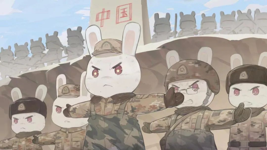 在这五只兔子的背后,是巨大的中国界                    的解放军