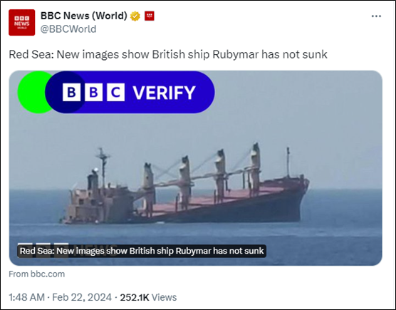 bbc“辟谣”称被胡塞武装袭击的英邦货轮没“完满重没”，网友看完图片乐了