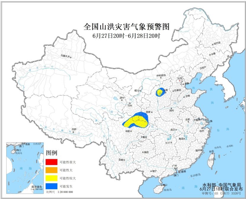 水利部和中国气象局6月27日18时联合发布黄色山洪灾害气象预警