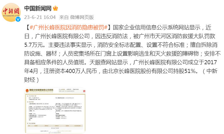 广州长峰医院因消防隐患被罚5.7万元