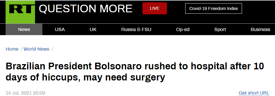 腹痛+持续打嗝，巴西总统入院治疗可能需要进行紧急手术