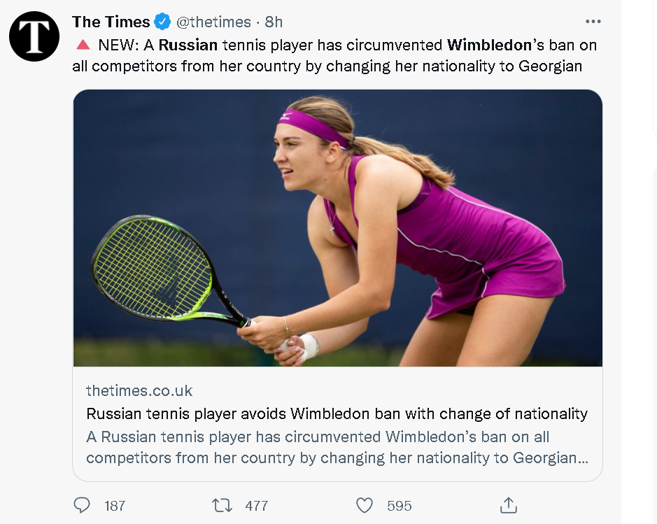 外媒：为参加温布尔登网球锦标赛，俄运动员被迫修改国籍