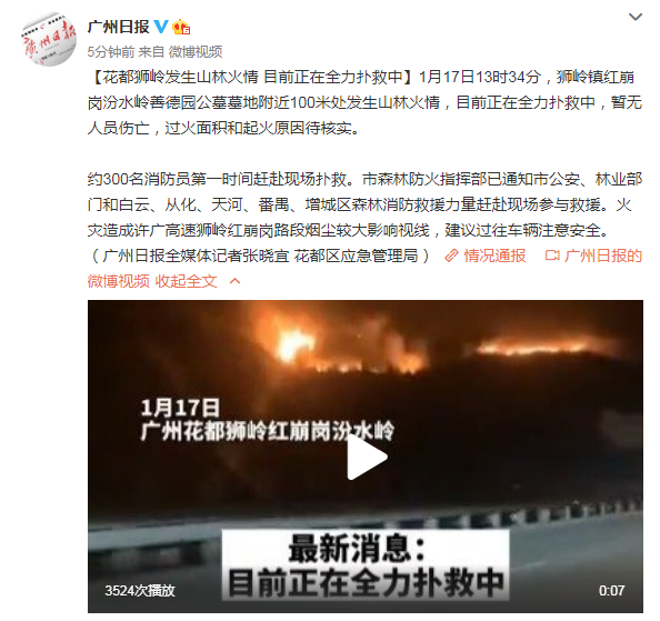 广州花都狮岭发生山林火情：目前正在全力扑救中，暂无人员伤亡