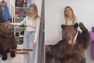 俄罗斯网红把棕熊带回家给1岁儿子 遭警方调查