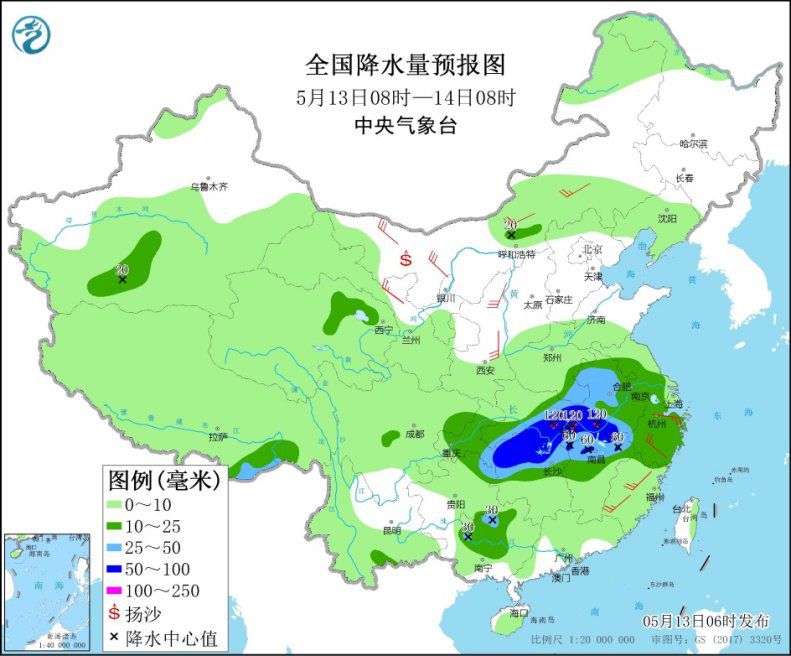长江中下游至黄淮有明显降雨过程 局地将有雷暴大风