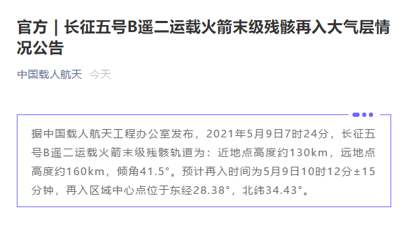 中国载人航天工程办公室发布长征五号B遥二运载火箭末级残骸轨道
