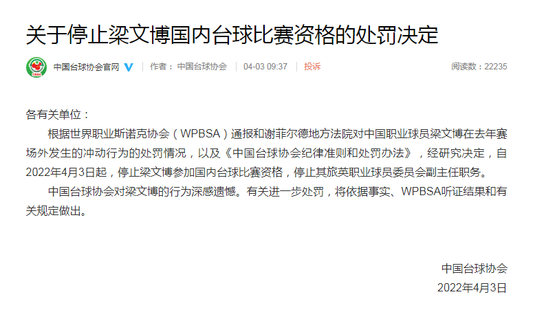 中国台球协会：停止梁文博国内台球比赛资格