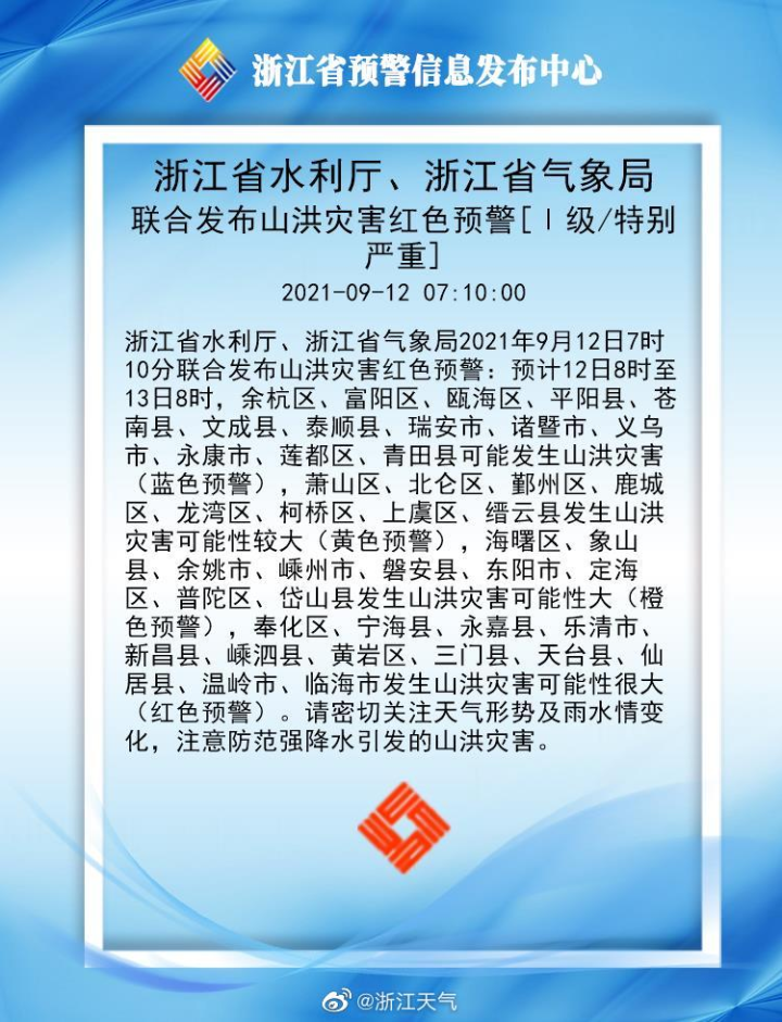 浙江省水利厅、浙江省气象局联合发布山洪灾害红色预警