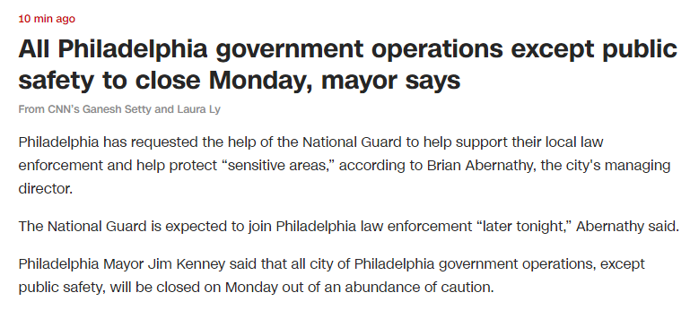 快讯 费城市长 除公共安全工作外 费城6月1日起暂停一切政府业务