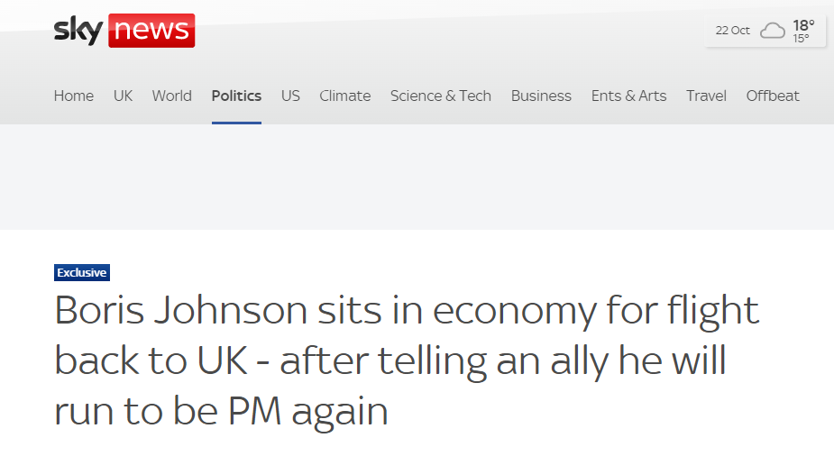 约翰逊告诉盟友将再次竞选首相后，英媒记者拍到他坐飞机经济舱回国