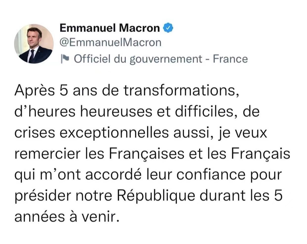 马克龙成功连任感谢法国人民支持，欧盟三大机构领导人发文祝贺