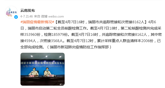 云南瑞丽：截至4月7日16时，共追踪密接和次密接8162人