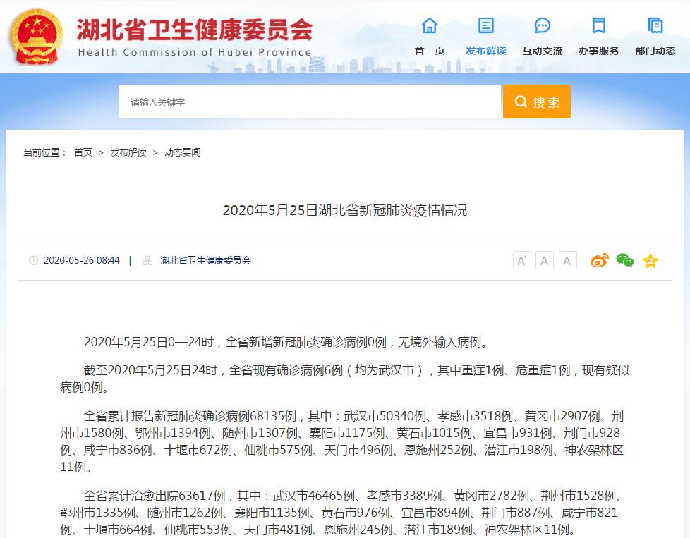 湖北卫健委 新增无症状感染者26例 全省现有确诊病例6例 均在武汉市