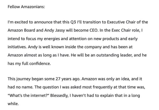贝佐斯卸任亚马逊CEO：但这并不是要退休 面临巨大的挑战