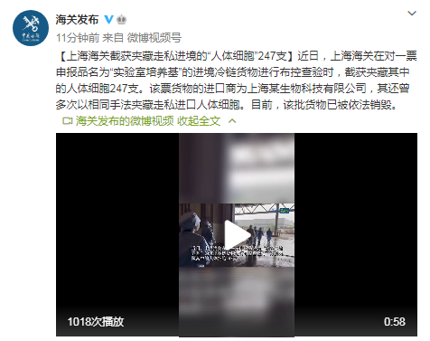 上海海关截获夹藏走私进境的“人体细胞”247支