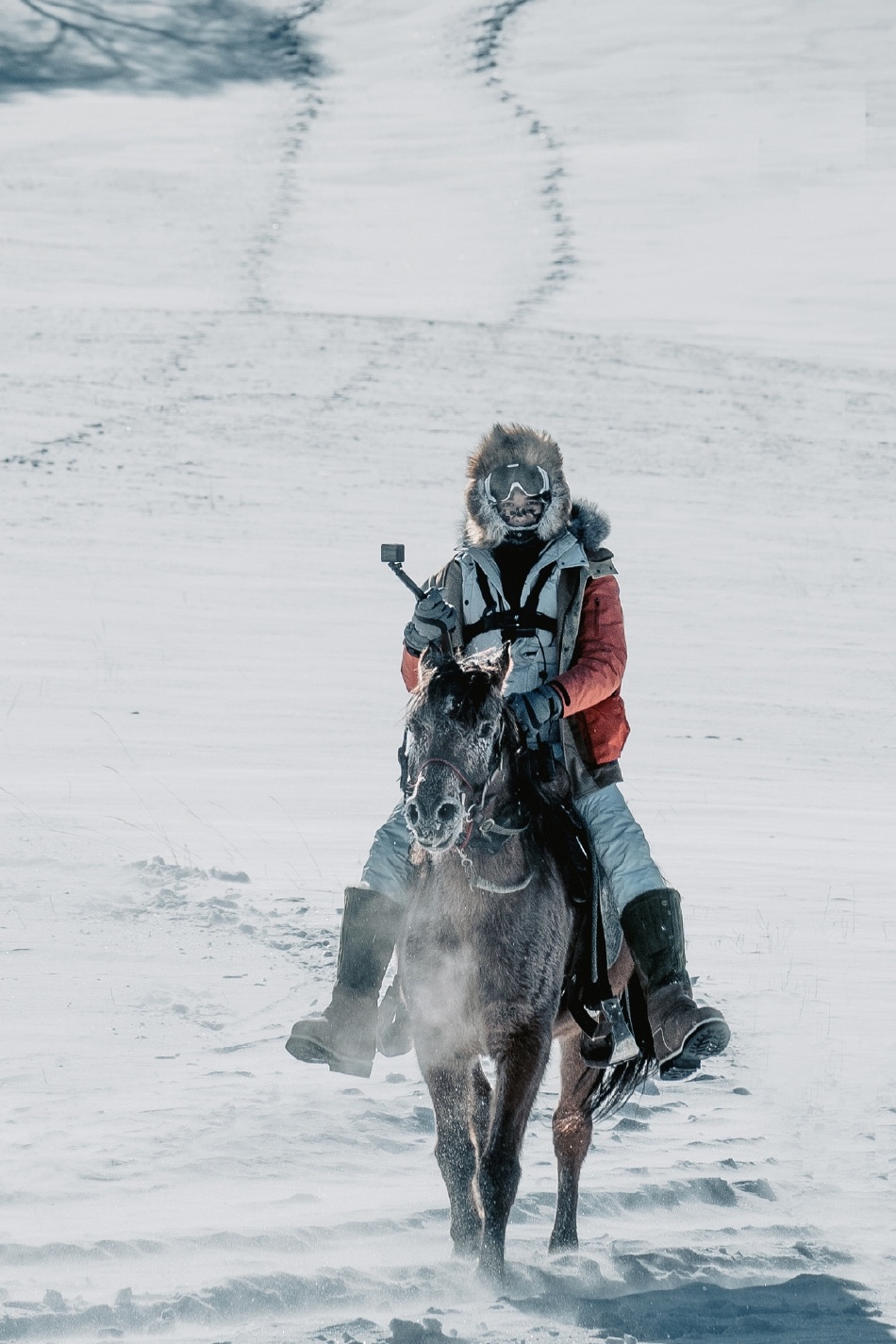 吴磊骑马横跨雪原 对镜比耶满满冬日少年感