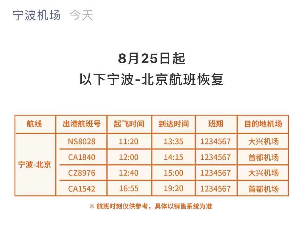 8月25日起宁波-北京部分航班恢复