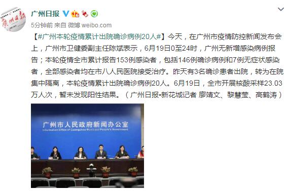 广州：本轮疫情累计出院确诊病例20人