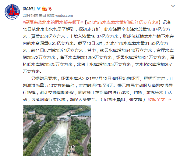 北京市水库蓄水量新增近1亿立方米