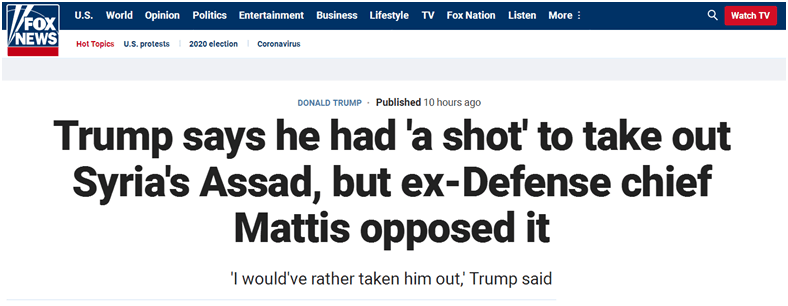 特朗普曾打给马蒂斯 称他想杀了阿萨德
