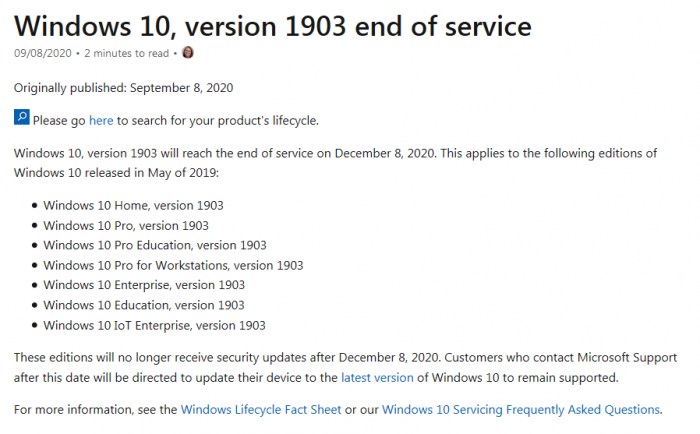 Windows10 Version 1903将于12月8日停止支持
