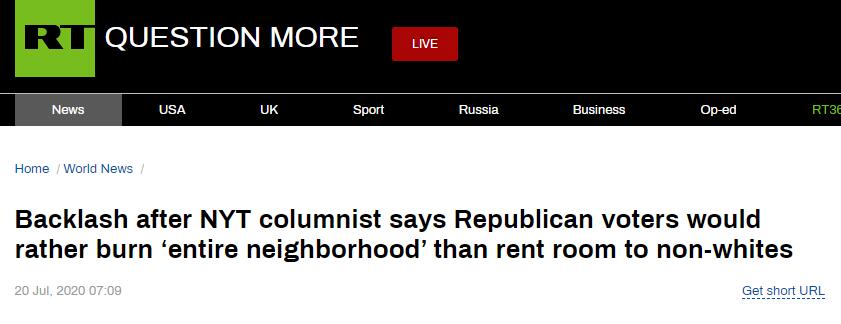 《纽约时报》专栏作者发表争议言论又被骂：共和党白人选民宁可烧了房子也不租给有色人种