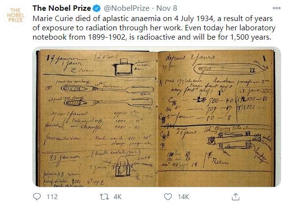 诺奖官方：居里夫人条记至今仍具放射性 还将连续1500年 第1张