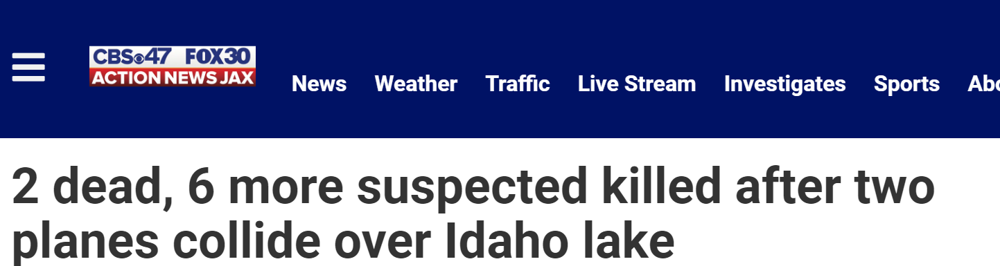 两架飞机在爱达荷州科达伦湖上空相撞，2人死亡6人失踪