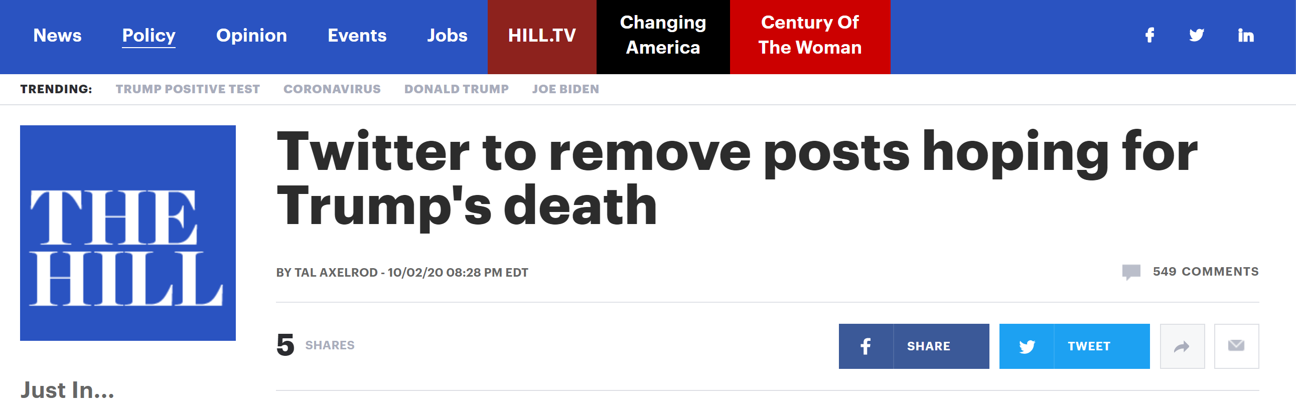 美媒：推特公司忠告，将删除平台上“希望特朗普去世”的推文 第1张