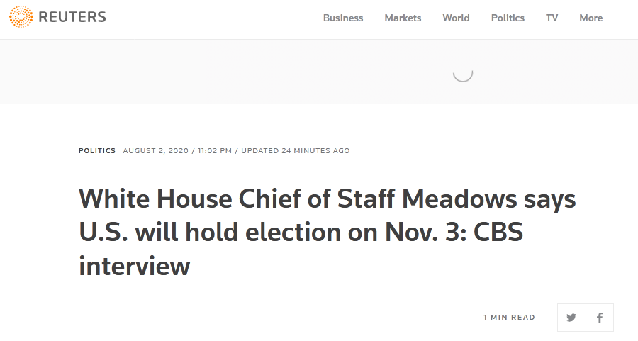 外媒:白宫幕僚长称美国将于11月3日举行大选