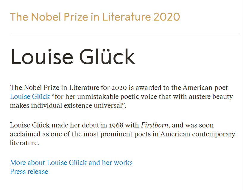 2020诺贝尔文学奖正式揭晓，美国女诗人路易丝·格吕克夺得 第1张